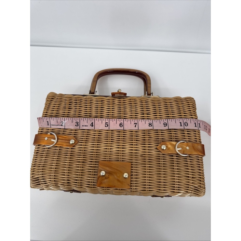 Mid-Century Wicker Like Bag, Hong Kong Woven Handmade w/ Caramel Lucite Handle - Picture 16 of 16
